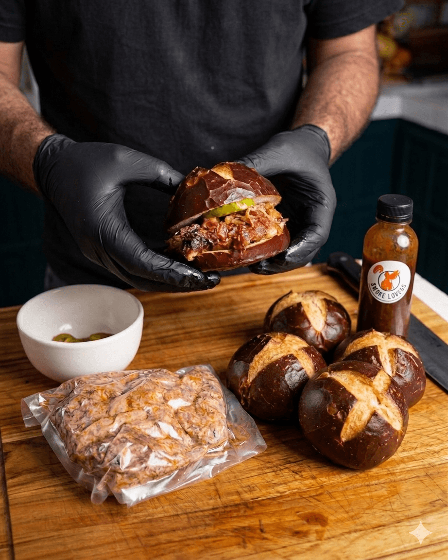 Combo Burger PP con pulled pork, pan pretzel y salsa BBQ